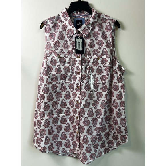 Nautica Jeans Paisley Print Sleeveless Button Up Shirt Women's L Pink White NWT - Picture 3 of 10